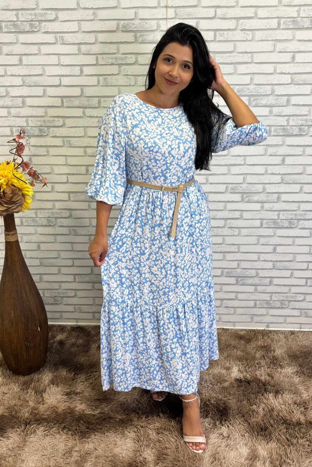 VESTIDO FEM 3/4 MID R09 REF.117704 PT FLRD P.