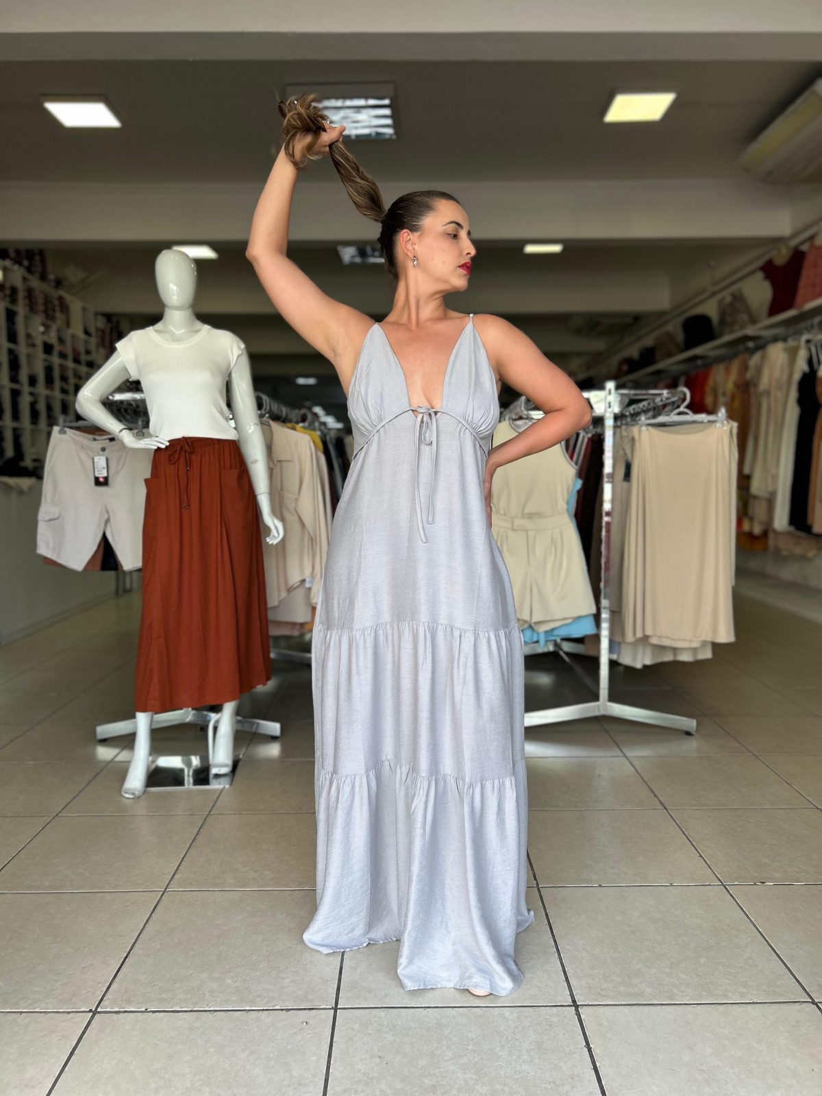 VESTIDO FEM C/ALÇ LG REF.129531 CZA M.